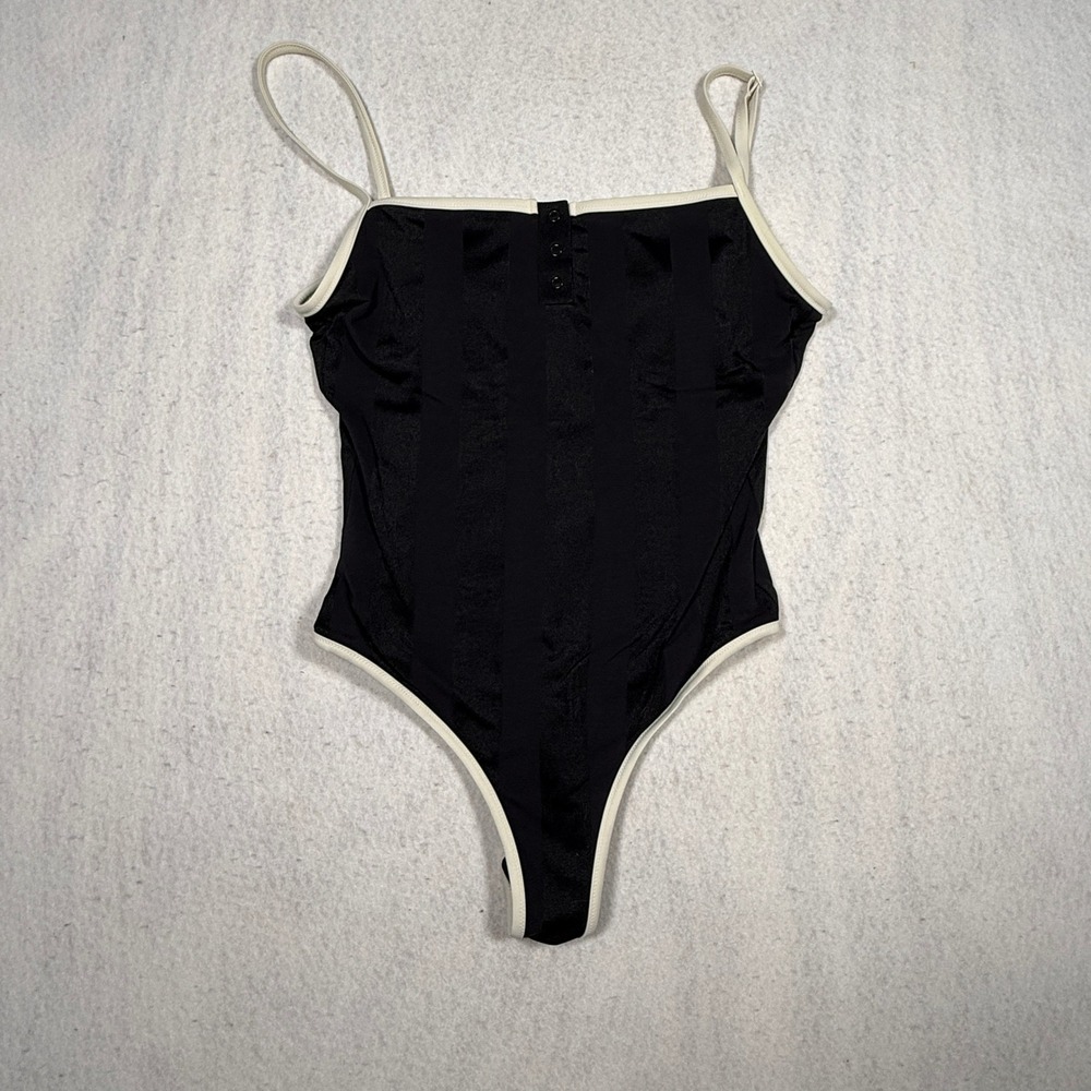 Aerie Real Good One Piece Swimsuit Black Striped Henley Square Neck Cream Trim L